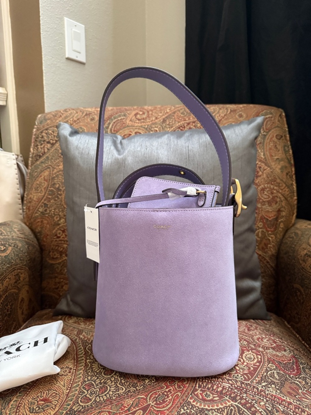 SOLD Coach Bleecker Bucket Bag 21 & Pouch in Brass/Violet Mist Purple Suede NWT